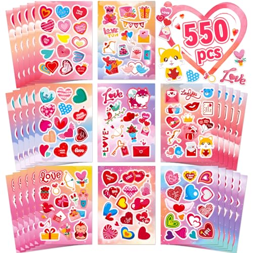 Greingways 550PCS Valentines Day Stickers 40 Sheet Heart Stickers Valentine Crafts Make Your Own Sticker Valentines Gifts for Kids Classroom Cards Goodie Bags Valentine Party Favors Love Sticker for Kids - Image 1