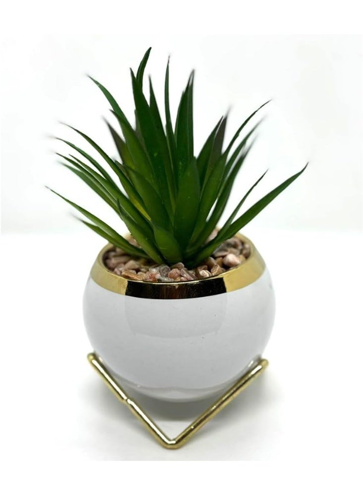 Modern Artificial Succulent Plant in Ceramic Pot with Gold Trim Stand, Decorative Mini Faux Plant - Image 2