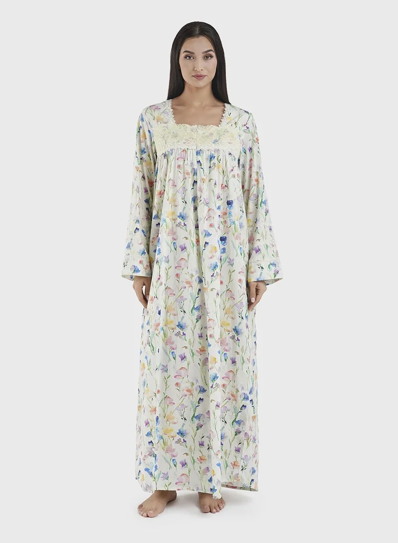 KASHKHA Sage Green Cotton Floral Print Nightwear Dress (REM3102)
