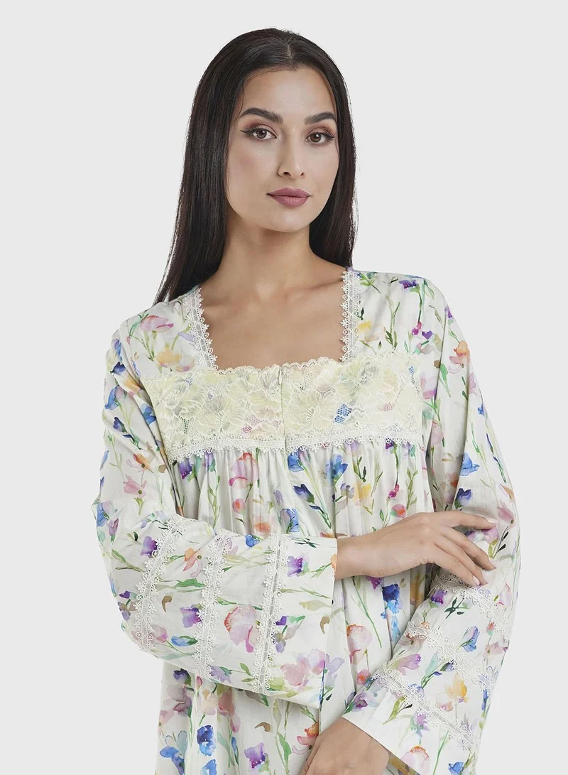 KASHKHA Sage Green Cotton Floral Print Nightwear Dress (REM3102)