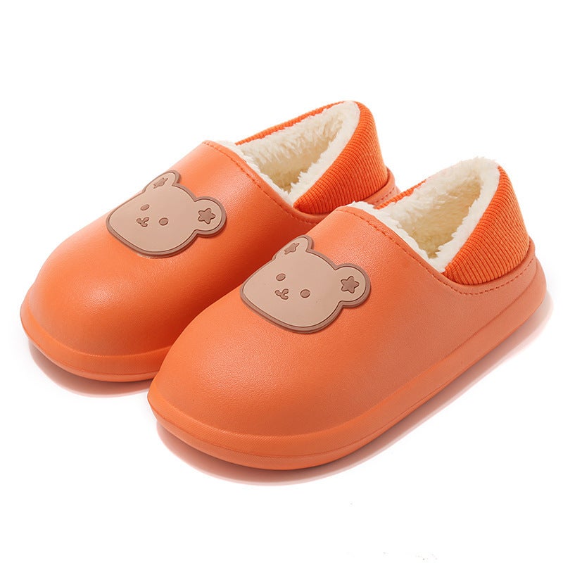 Winter New Arrival Cute Waterproof Cotton Slippers for Women Couple Warm Non-Slip Home Indoor Bag Heel Cotton Shoes for Men Outer Wear Orange Bear