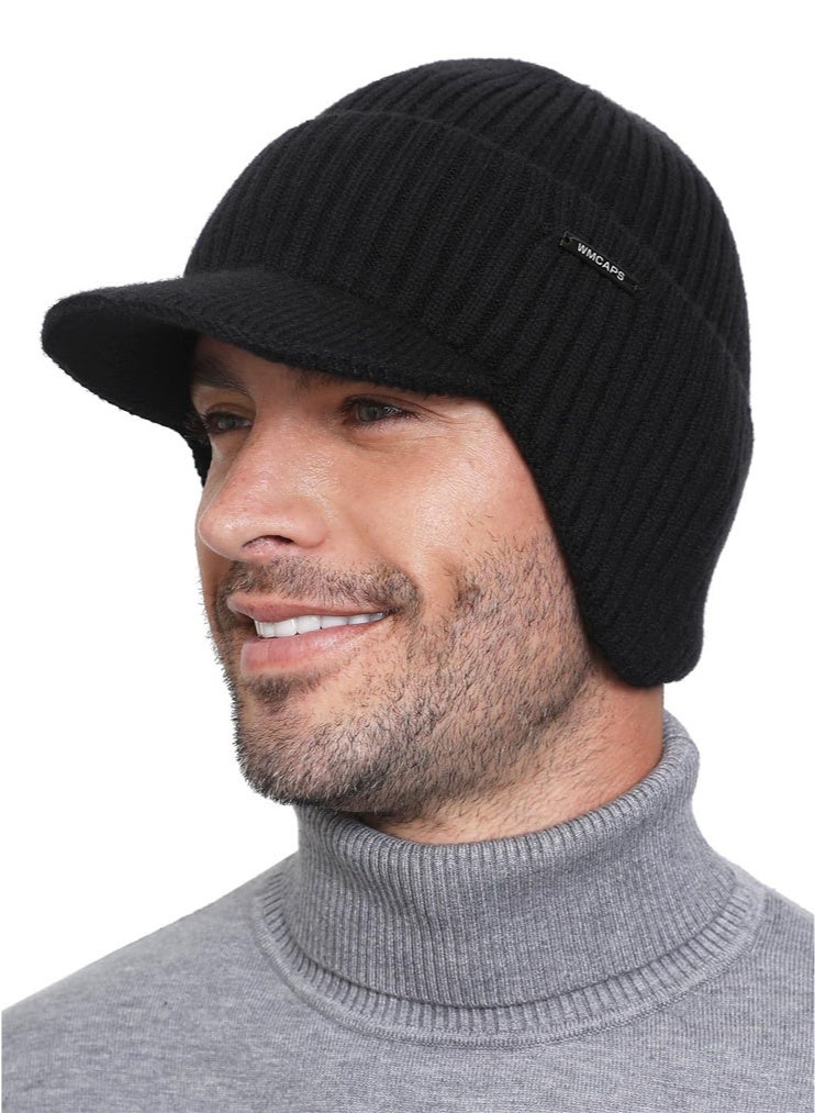 meayul Mens Beanie with Brim and Ear Flaps, Windproof Fleece Lined Knit Winter Hat, Warm Outdoor Mens Wooly Hats - Image 1