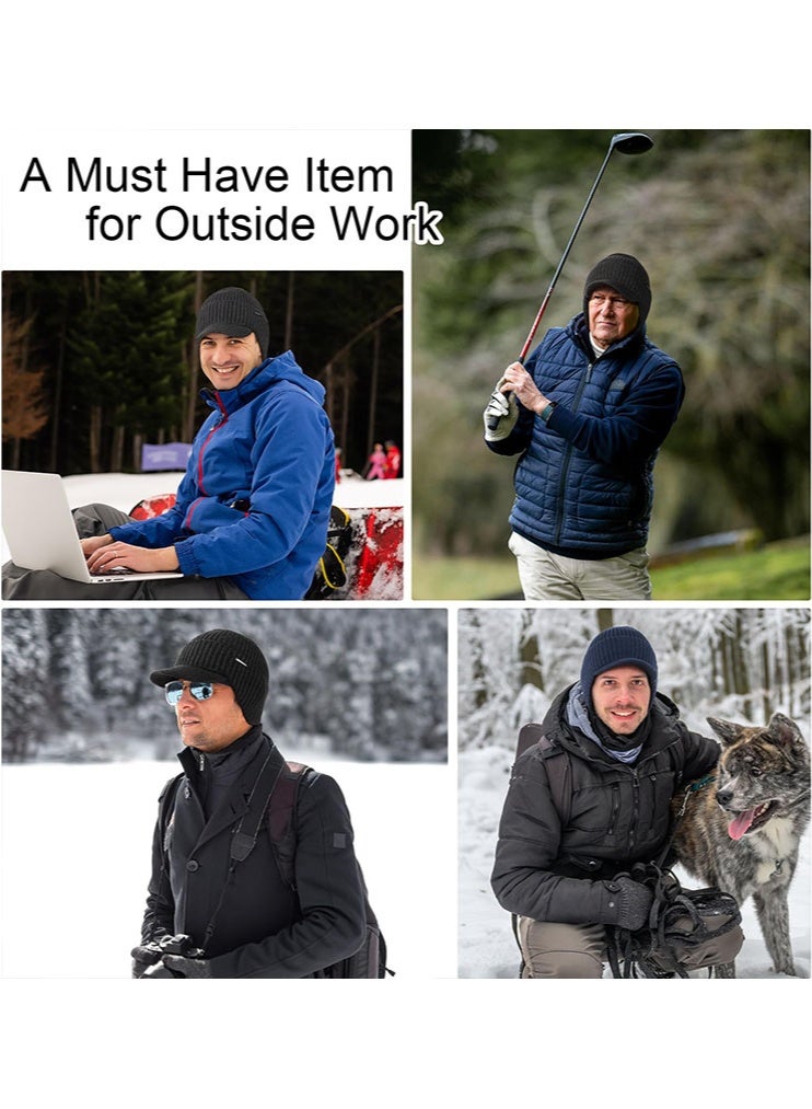meayul Mens Beanie with Brim and Ear Flaps, Windproof Fleece Lined Knit Winter Hat, Warm Outdoor Mens Wooly Hats - Image 5
