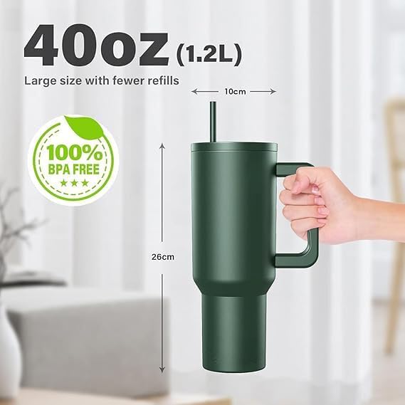 Apexx 1200ML Stainless Steel Insulated Tumbler with Lid Straw Leak Proof Double Wall Vacuum Mug for Hot Cold Beverages 40oz Travel Cup with Handle for Office Gym and Travel Green - Image 3