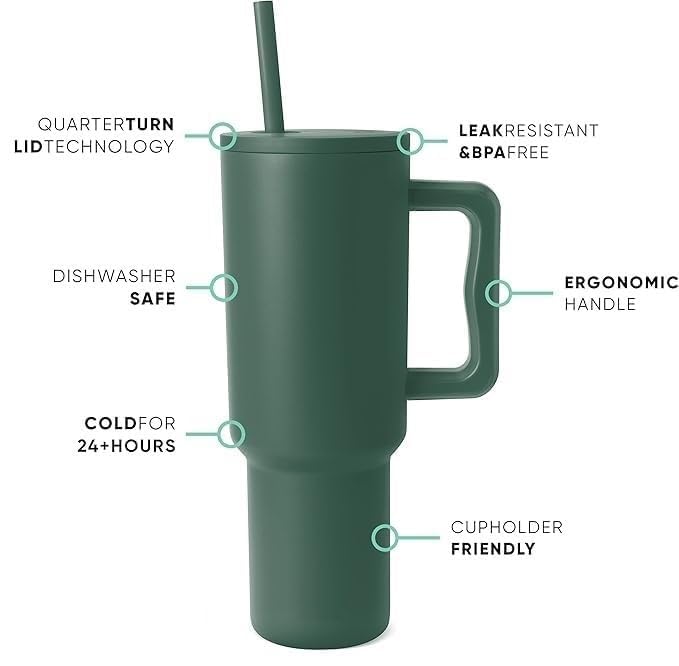 Apexx 1200ML Stainless Steel Insulated Tumbler with Lid Straw Leak Proof Double Wall Vacuum Mug for Hot Cold Beverages 40oz Travel Cup with Handle for Office Gym and Travel Green - Image 4