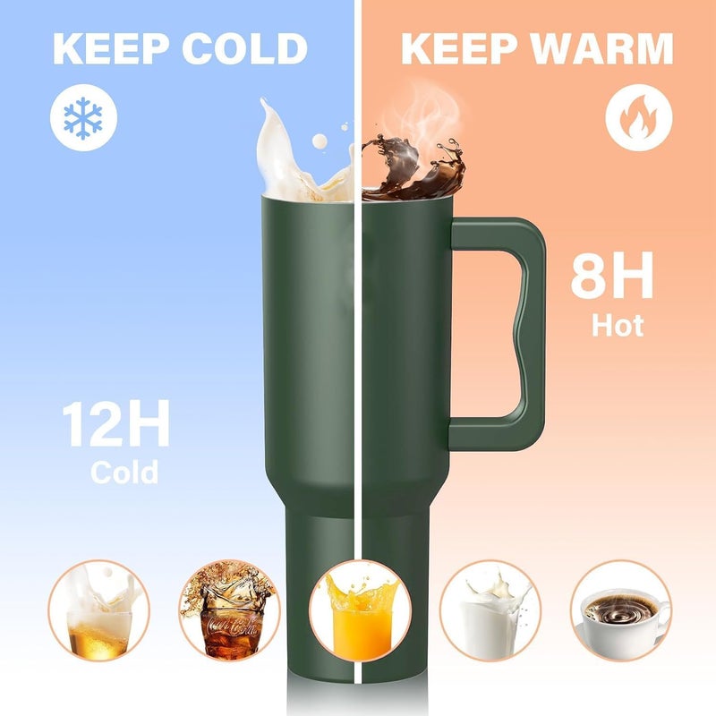 Apexx 1200ML Stainless Steel Insulated Tumbler with Lid Straw Leak Proof Double Wall Vacuum Mug for Hot Cold Beverages 40oz Travel Cup with Handle for Office Gym and Travel Green - Image 2