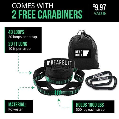 Bear Butt Kodiak Hammock Straps For Trees - 20 Feet Long Hammock Tree Straps - 40 Combined Loops - Holds 1000 Pounds - Camping Hammock Straps - Hammock Tree Straps With Carabiner - Hammock Accessories - Image 3