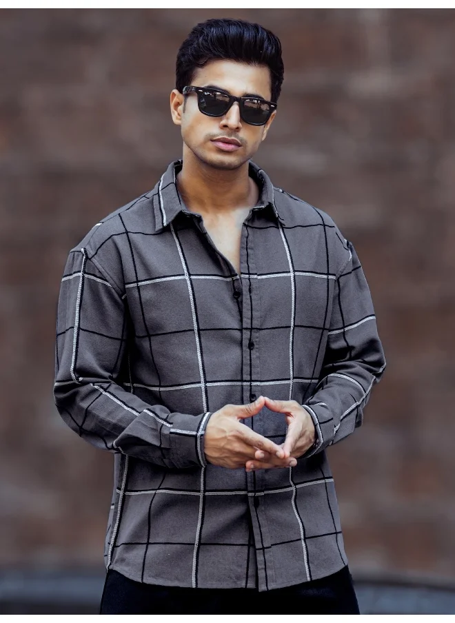 Maniac Maniac Mens Embroider Checks Full Sleeve Grey Cotton Shirt