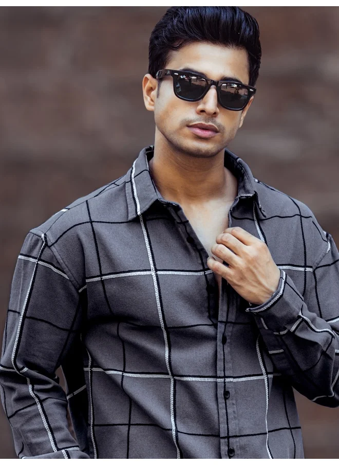 Maniac Maniac Mens Embroider Checks Full Sleeve Grey Cotton Shirt