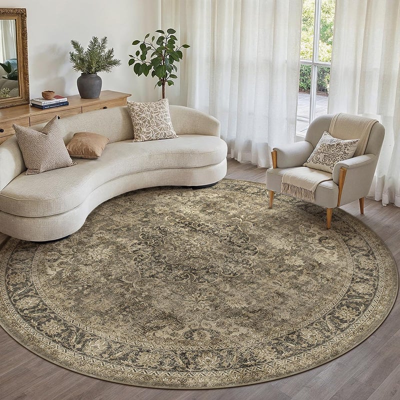 WondRg 8x8 Washable Brown Round Rug Vintage Living Room Bedroom Circle Rug Non-Slip Soft Low Pile Distressed Indoor Carpet for Kitchen Dining Room Office - Image 1