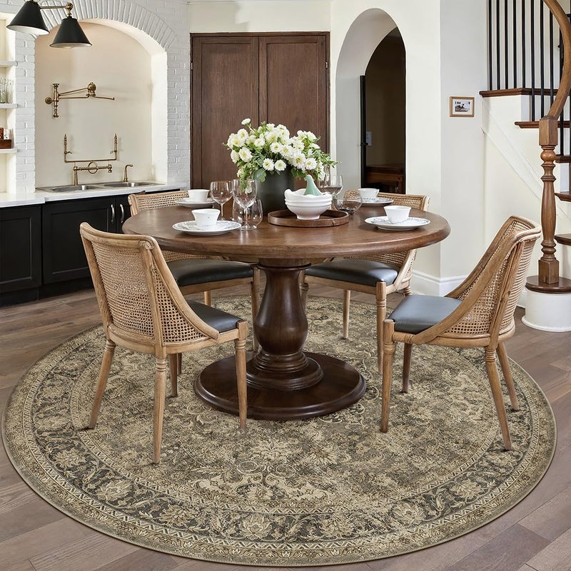 WondRg 8x8 Washable Brown Round Rug Vintage Living Room Bedroom Circle Rug Non-Slip Soft Low Pile Distressed Indoor Carpet for Kitchen Dining Room Office - Image 3