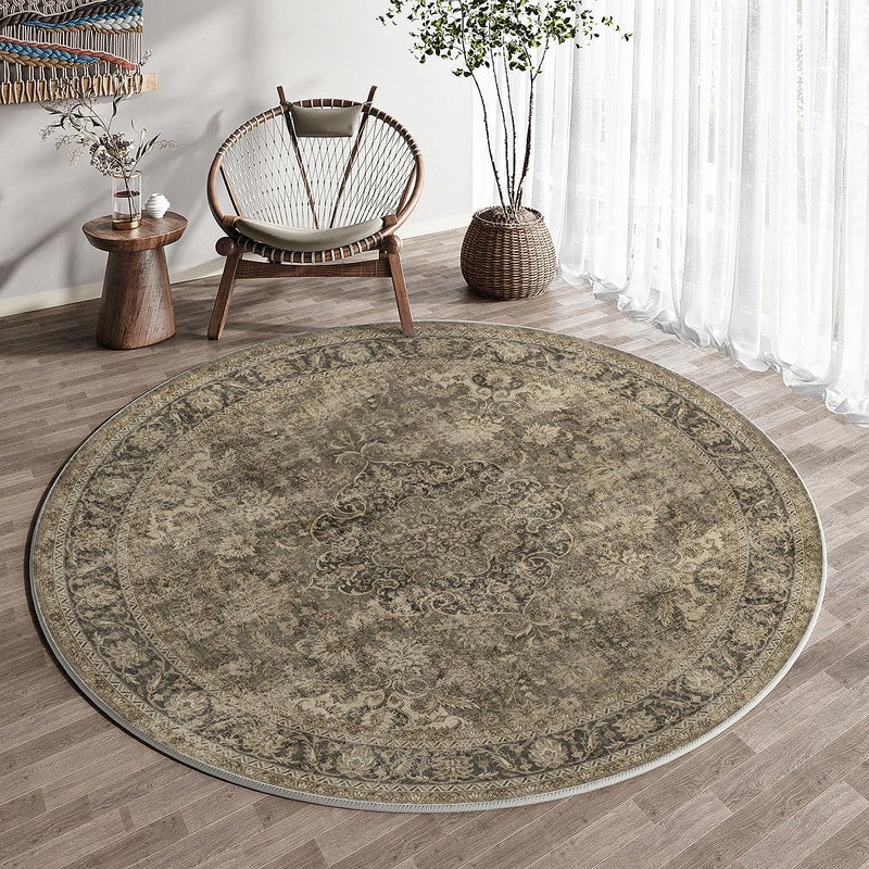 WondRg 8x8 Washable Brown Round Rug Vintage Living Room Bedroom Circle Rug Non-Slip Soft Low Pile Distressed Indoor Carpet for Kitchen Dining Room Office - Image 2