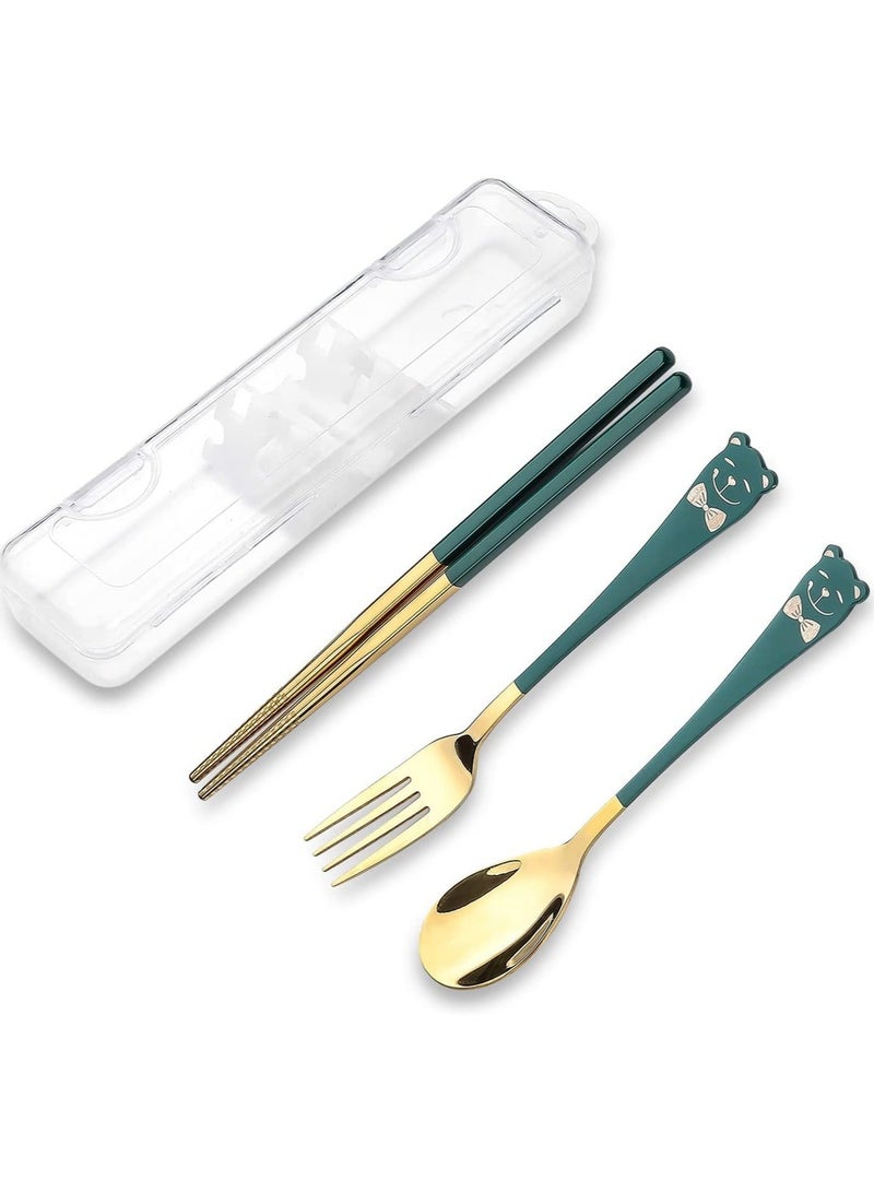 Y&D Portable Utensil Set 18/8 Stainless Steel Flatware 4pcs Travel Camping Fork Spoon Chopsticks with Case Cute Pocket Utensils for Lunch Picnic - Image 1
