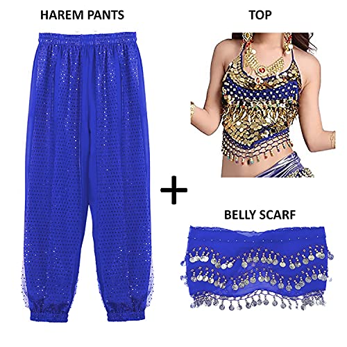 VRITRAZ Women's Chiffon Belly Dance Sequin Chiffon Top, Harem Pants And Hip Scarf Ringy Fancy Pants (Blue) - Image 2