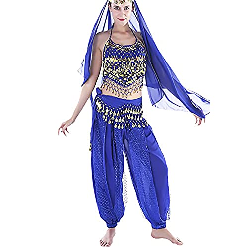 VRITRAZ Women's Chiffon Belly Dance Sequin Chiffon Top, Harem Pants And Hip Scarf Ringy Fancy Pants (Blue) - Image 1