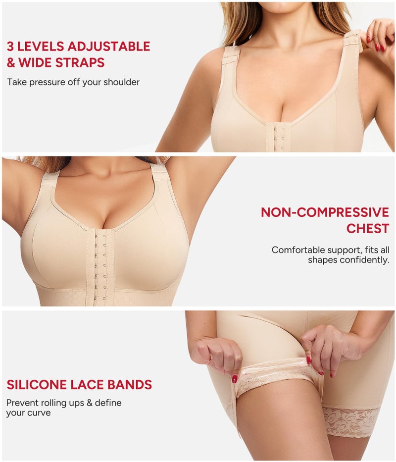 Nebility Fajas Colombianas Moldeadoras Shapewear for Women Tummy Control Postpartum Body Shaper Butt Lifter Bodysuit with Zipper Crotch(Beige, Medium) - Image 5