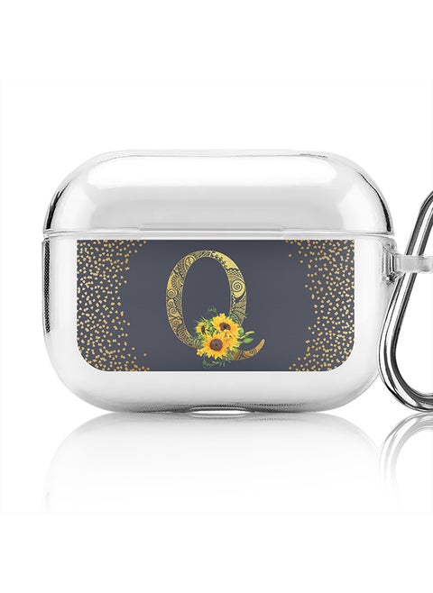Classic Clear printed Case for Apple Airpods Pro Soft TPU Gel Thin Transparent Flexible Cover - Custom Monogram Initial Letter Mandala Floral Pattern Alphabet - Q (Grey )