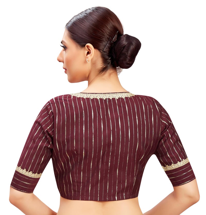 Studio Shringaar Women's Gold Foil Print Saree Blouse with Elbow Length Sleeves (Wine, 34) - Image 2