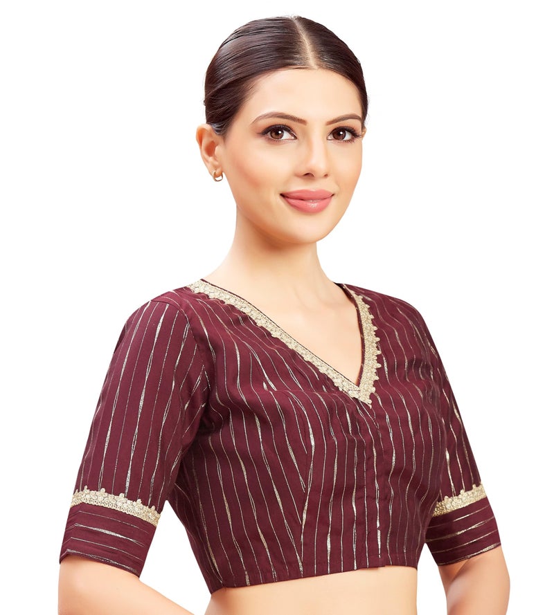 Studio Shringaar Women's Gold Foil Print Saree Blouse with Elbow Length Sleeves (Wine, 34) - Image 4