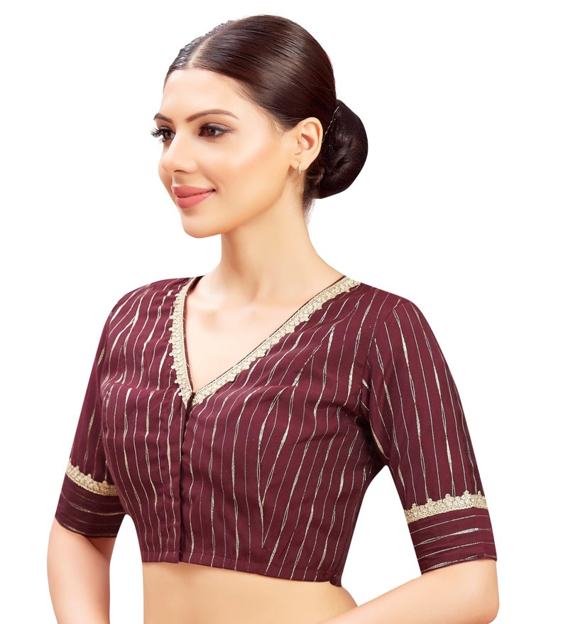 Studio Shringaar Women's Gold Foil Print Saree Blouse with Elbow Length Sleeves (Wine, 34) - Image 3