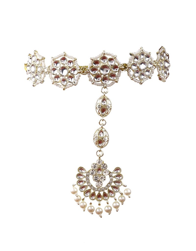 Anuradha Anuradha Art Jewellery Fancy Latest Gold Plated Traditional Floral Kundan Pearl Studded Rajasthani Sheeshphool Matha PattiSheeshpatti for Women - Image 1