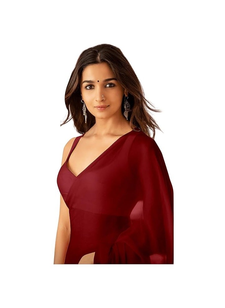 Accessorize Kingdom Women's Plain Pure Georgette Saree With Unstitched Blouse Piece  - Image 2