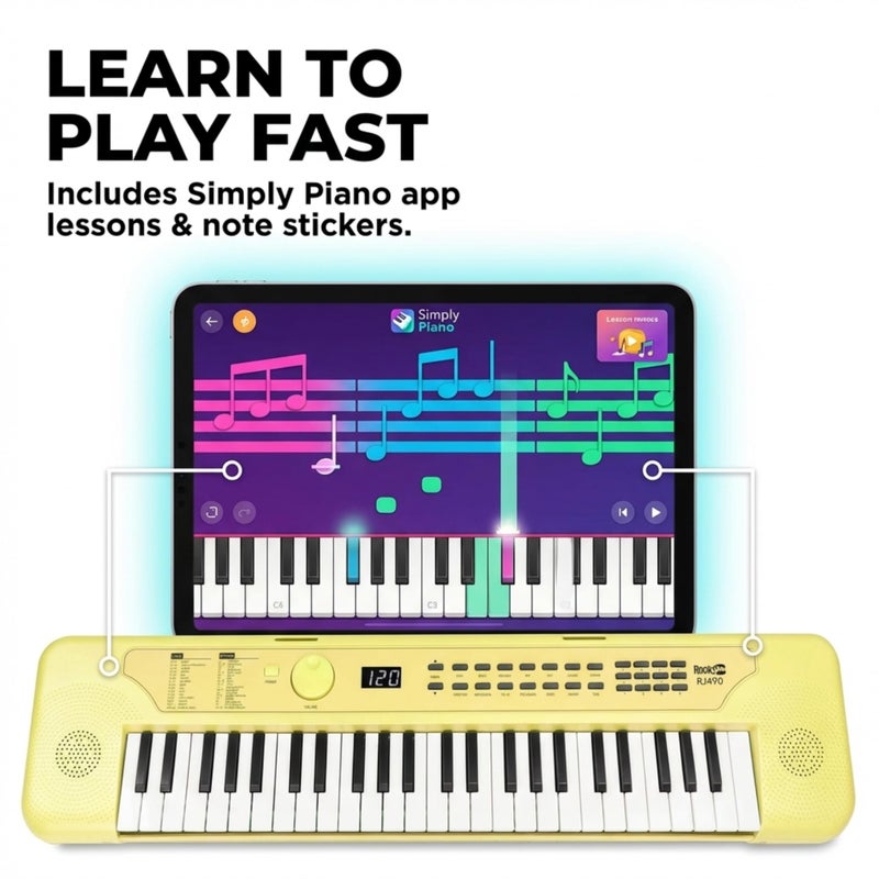 RockJam 49 Key Keyboard Piano, Portable Electronic Music Keyboard with Speakers, USB-C Power or Battery Operation, Headphone Input, 200 Tones, 200 Rhythms, Note Stickers & Lessons - Image 5