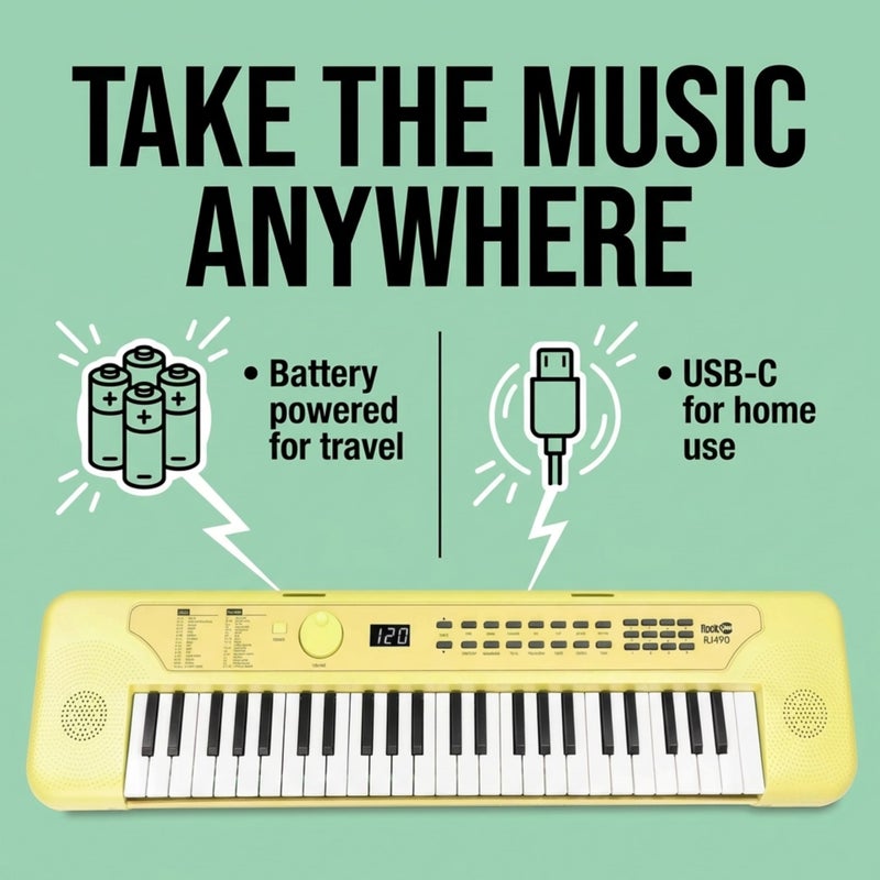 RockJam 49 Key Keyboard Piano, Portable Electronic Music Keyboard with Speakers, USB-C Power or Battery Operation, Headphone Input, 200 Tones, 200 Rhythms, Note Stickers & Lessons - Image 4