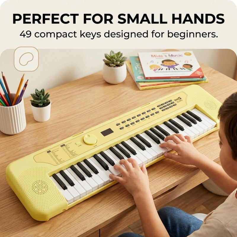 RockJam 49 Key Keyboard Piano, Portable Electronic Music Keyboard with Speakers, USB-C Power or Battery Operation, Headphone Input, 200 Tones, 200 Rhythms, Note Stickers & Lessons - Image 2