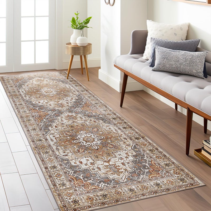 Madane Washable Runner Rug  2x6 Rug Runners for Hallways 6 Feet Non Slip Vintage Kitchen Runner Rug UltraThin Bathroom Runner Rugs Carpet Laundry Room Bedroom 2x6ft TurmericGrey