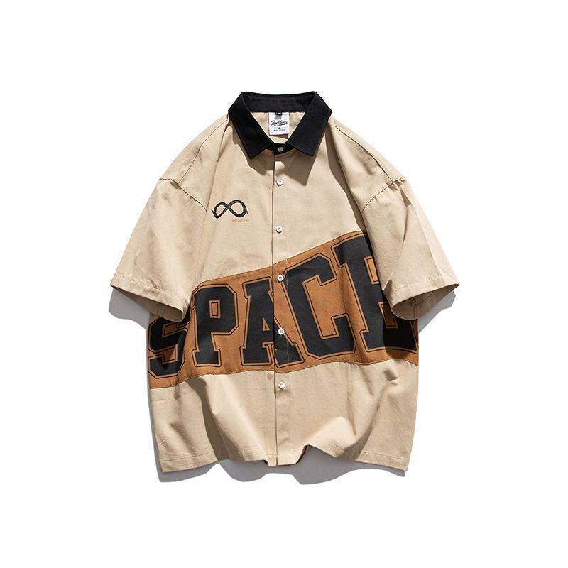Generic Summer Trendy Hip-Hop Printed Hong Kong Style Loose Short-Sleeved Japanese Style Retro Motorcycle Clothing Half-Sleeved Unisex Style Shirt Jacket 1276 khaki