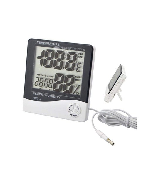 مقياس حرارة رقمي LCD داخلي وخارجي ومقياس رطوبة وساعة تقويم ورطوبة ودرجة حرارة مزدوجة C/F ومستشعر استشعار 1.5 متر HTC-2