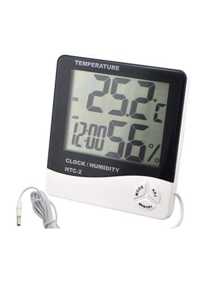 مقياس حرارة رقمي LCD داخلي وخارجي ومقياس رطوبة وساعة تقويم ورطوبة ودرجة حرارة مزدوجة C/F ومستشعر استشعار 1.5 متر HTC-2