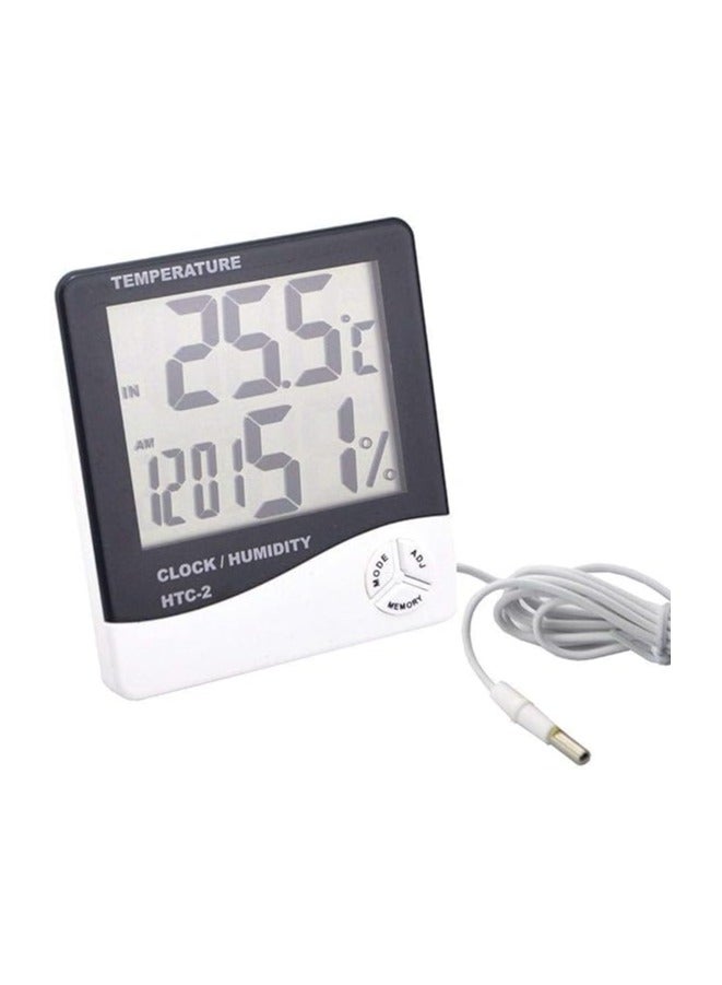 مقياس حرارة رقمي LCD داخلي وخارجي ومقياس رطوبة وساعة تقويم ورطوبة ودرجة حرارة مزدوجة C/F ومستشعر استشعار 1.5 متر HTC-2