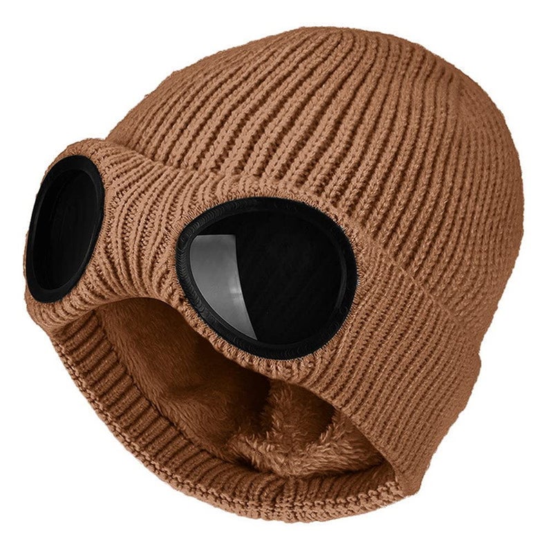 TecHong Unisex Knitted Goggles Beanie - Winter Stylish Skull Warm Cap, Outdoor Sports Fashion Fleece Lining Stretchy Hat Coffee - Image 1