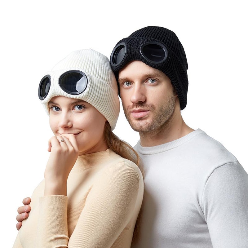 TecHong Unisex Knitted Goggles Beanie - Winter Stylish Skull Warm Cap, Outdoor Sports Fashion Fleece Lining Stretchy Hat Coffee - Image 4