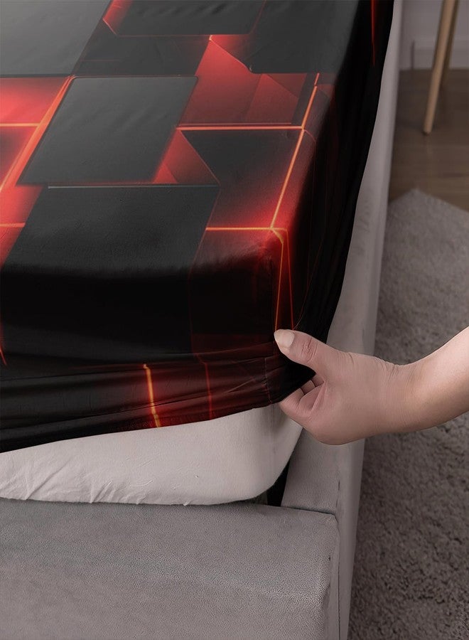 AILONEN طقم ملاءات سرير من AILONEN بنقشة مربعات سوداء وحمراء، مقاس توين XL، طقم ملاءات سرير بنقشة مربعات تجريدية وهندسية عصرية، طقم مفروشات سرير مكون من 3 قطع بنقشة مكعبات نيون متدرجة الألوان، ملاءة سرير واحدة مع 2 غطاء وسادة - Image 4