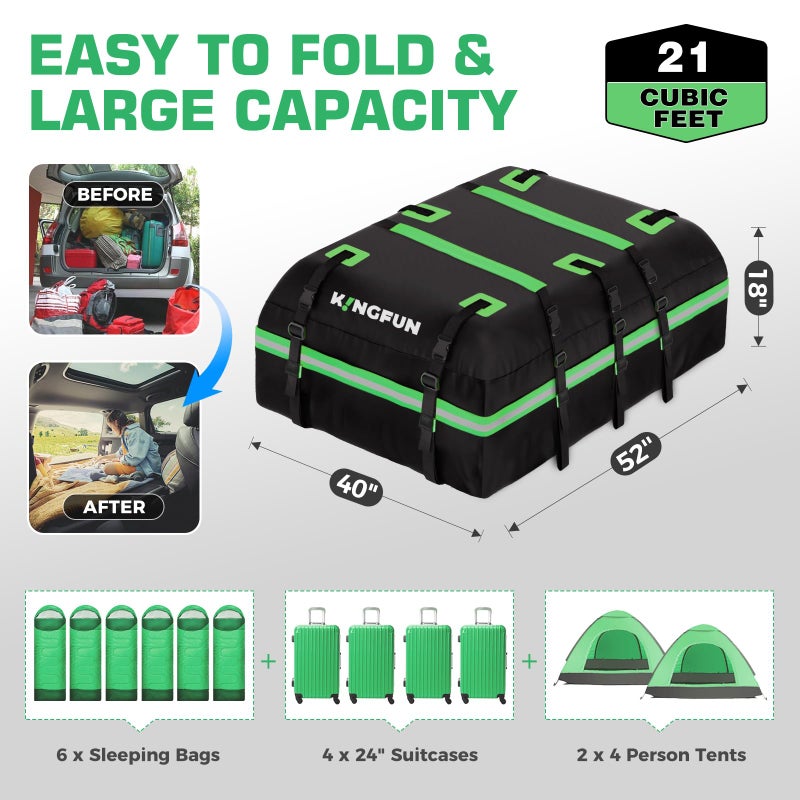 Kingfun Rooftop Cargo Carrier â€“ Waterproof 21 Cubic Feet Car Roof Bag Fit All Vehicles with/Without Roof Rack, Includes Anti-Slip Mat, 8 Reinforced Straps & 6 Door Hooks, Lashing Straps, Luggage Locks - Image 4