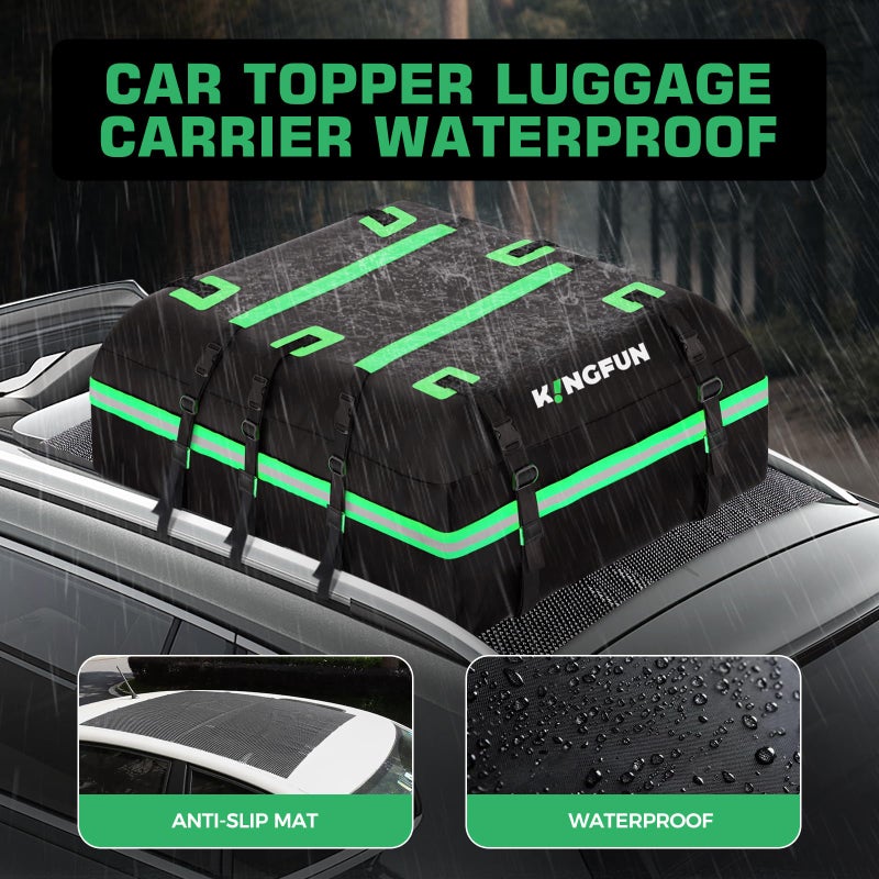 Kingfun Rooftop Cargo Carrier â€“ Waterproof 21 Cubic Feet Car Roof Bag Fit All Vehicles with/Without Roof Rack, Includes Anti-Slip Mat, 8 Reinforced Straps & 6 Door Hooks, Lashing Straps, Luggage Locks - Image 2