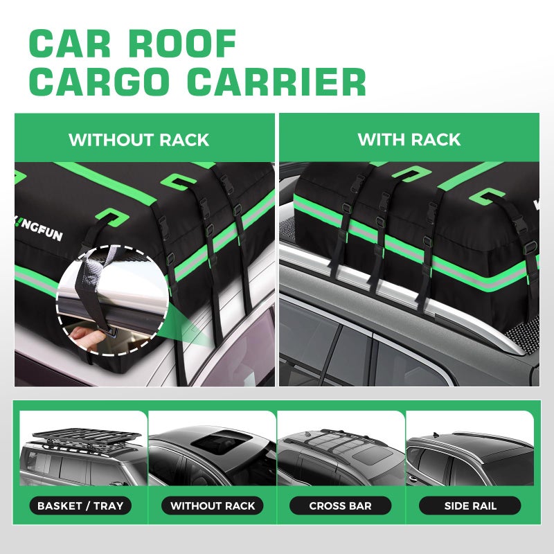 Kingfun Rooftop Cargo Carrier â€“ Waterproof 21 Cubic Feet Car Roof Bag Fit All Vehicles with/Without Roof Rack, Includes Anti-Slip Mat, 8 Reinforced Straps & 6 Door Hooks, Lashing Straps, Luggage Locks - Image 3