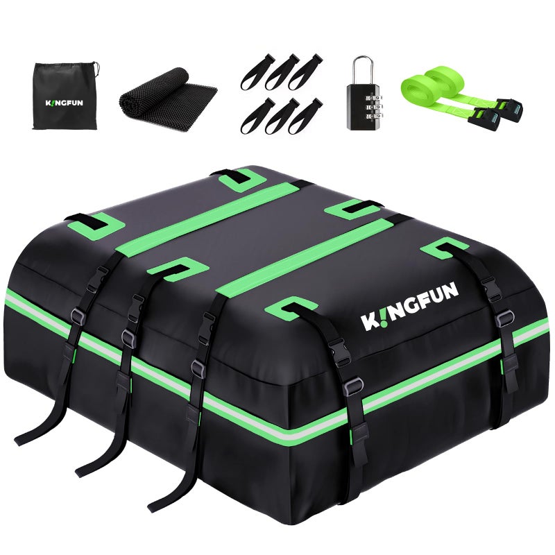 Kingfun Rooftop Cargo Carrier â€“ Waterproof 21 Cubic Feet Car Roof Bag Fit All Vehicles with/Without Roof Rack, Includes Anti-Slip Mat, 8 Reinforced Straps & 6 Door Hooks, Lashing Straps, Luggage Locks - Image 1