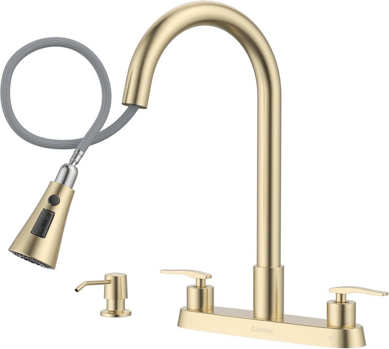 DAYONE 2 Handle Kitchen Faucet with Pull Down Sprayer Brushed Gold, 4 Holes Sink Faucets for Kitchen/RV with Soap Dispenser Stainless Steel - Image 1