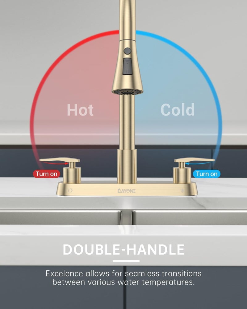 DAYONE 2 Handle Kitchen Faucet with Pull Down Sprayer Brushed Gold, 4 Holes Sink Faucets for Kitchen/RV with Soap Dispenser Stainless Steel - Image 5