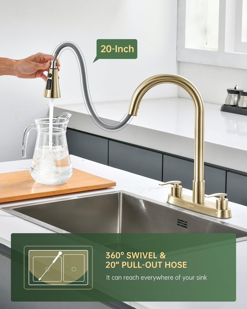 DAYONE 2 Handle Kitchen Faucet with Pull Down Sprayer Brushed Gold, 4 Holes Sink Faucets for Kitchen/RV with Soap Dispenser Stainless Steel - Image 4