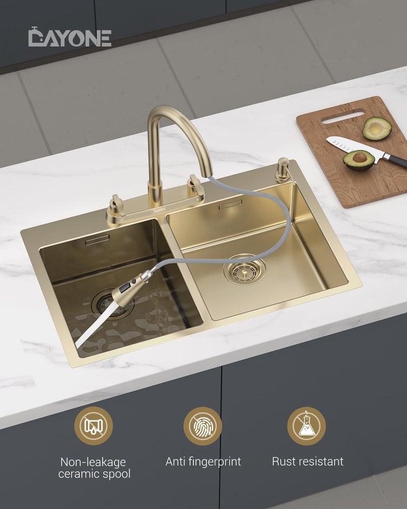 DAYONE 2 Handle Kitchen Faucet with Pull Down Sprayer Brushed Gold, 4 Holes Sink Faucets for Kitchen/RV with Soap Dispenser Stainless Steel - Image 2