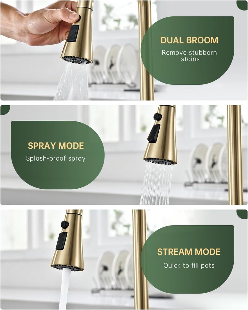 DAYONE 2 Handle Kitchen Faucet with Pull Down Sprayer Brushed Gold, 4 Holes Sink Faucets for Kitchen/RV with Soap Dispenser Stainless Steel - Image 3