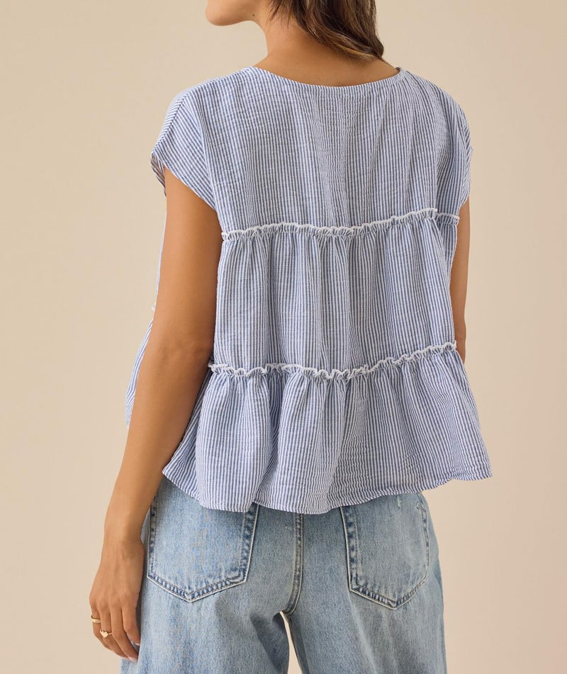 Foidiccx Womens Tiered Smocked Cute Boho Blouse Shirts Y2k Striped Ruched Flowy Ruffle Hem Layered Peplum Pleated Short Cap Sleeve Teen Girls School Babydoll Bubble Crop Tops Baby Tee - Image 4