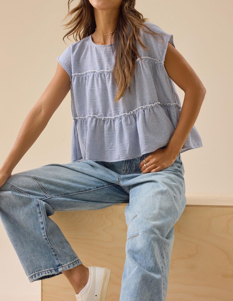Foidiccx Womens Tiered Smocked Cute Boho Blouse Shirts Y2k Striped Ruched Flowy Ruffle Hem Layered Peplum Pleated Short Cap Sleeve Teen Girls School Babydoll Bubble Crop Tops Baby Tee - Image 2