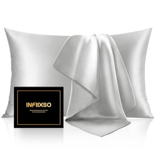 INFIIXSO Silk Pillow Cases 2 Pack Standard Size, Ultra Smooth & Soft Mulberry Silk Pillow Case for Hair and Skin, Breathable Cooling Silk Pillowcase with Hidden Zipper (Light Grey, 20x26 Inches) - Image 1