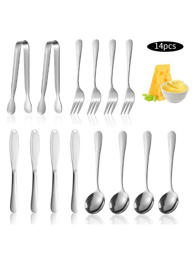14-Piece Stainless Steel Butter Knife Set with Spreader, Dessert Forks, Spoons & Tongs - Kitchen Essential for Baking, Cheese Boards，Dessert Cutlery Set - Image 1